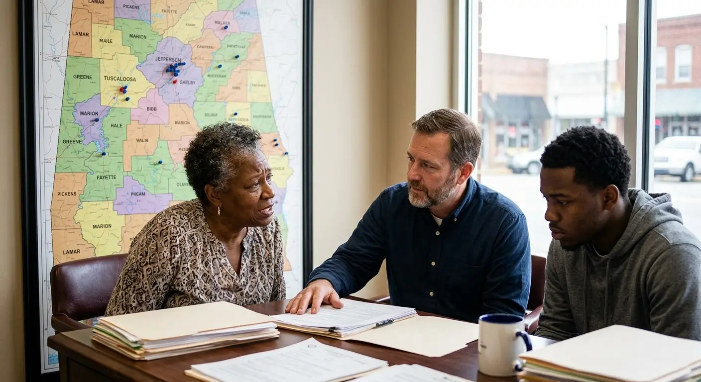 A bail bond agent reviewing paperwork with a concerned family in an office.